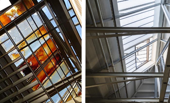 Interior before and after views of a Grillodur rooflight installation as part of a refurbishment project in Switzerland