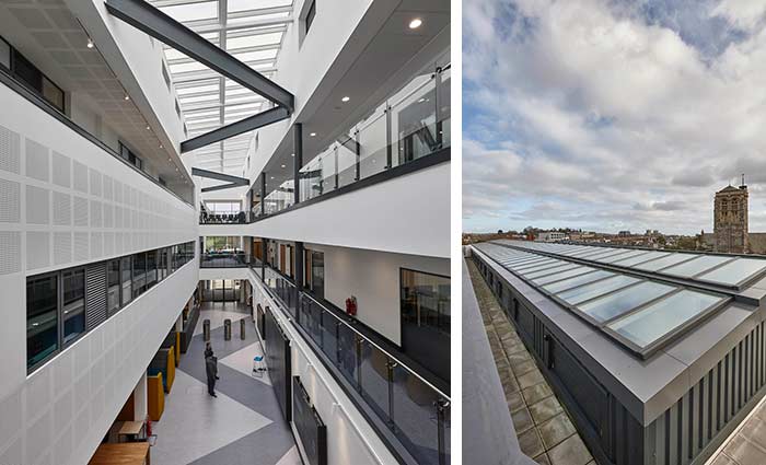 xeter College featuring skylights and showing the impact of the light from the roof