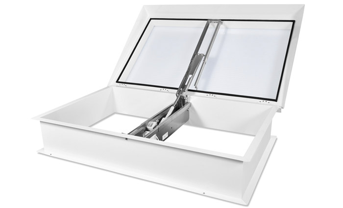 An automatic opening vent (AOV) rooflight fully open.