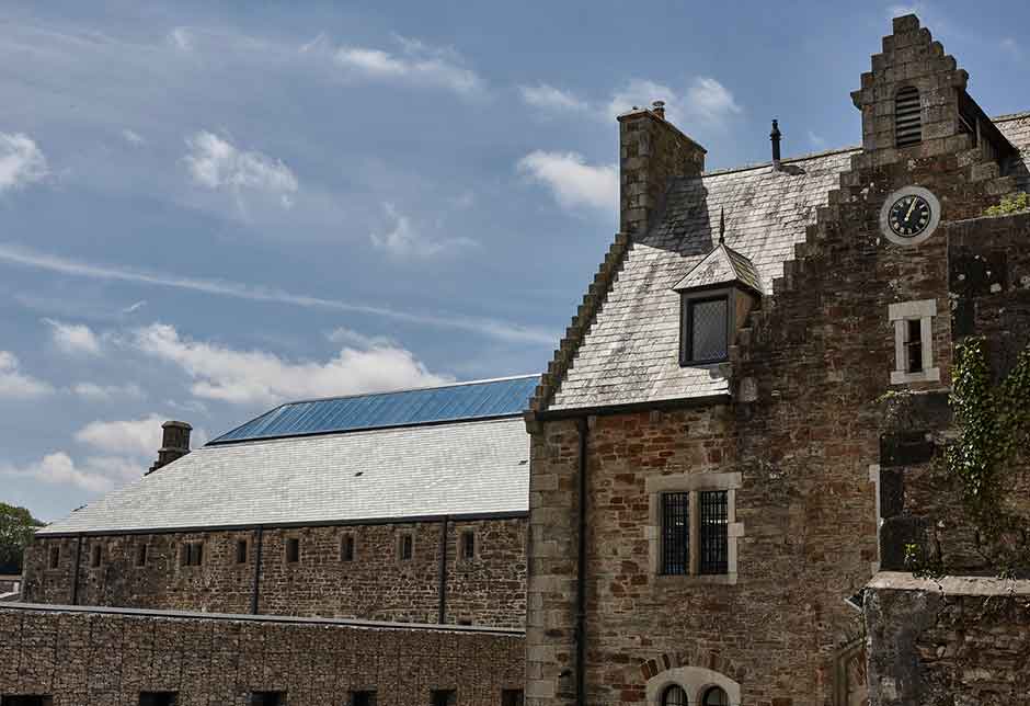 Exterior shot showing the restoration of The Bodmin Jail Hotel with dual pitched rooflight.