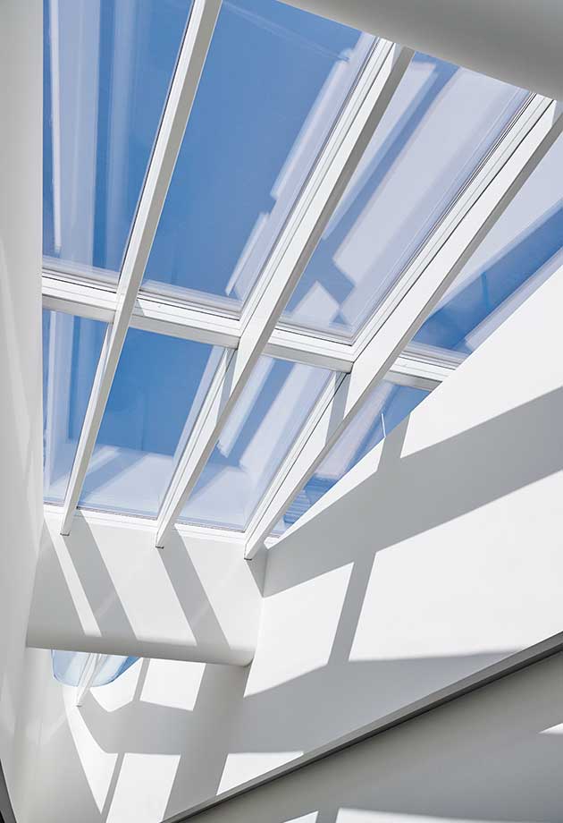Przeszklenie dachu z Pasmo świetlne Atrium 5-30° oraz Pasmo świetlne dwuspadowe Atrium 5-30° z belkami, DZNE, Bonn, Niemcy