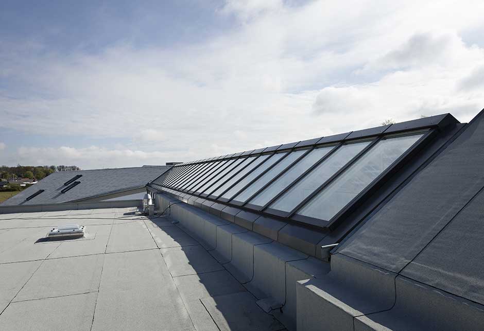 Przeszklenie dachu składające się z pasmo dwuspadowe Atrium 25–40˚ z przeszkleniem fotowoltaicznym, Green Solution House, Rønne, Dania