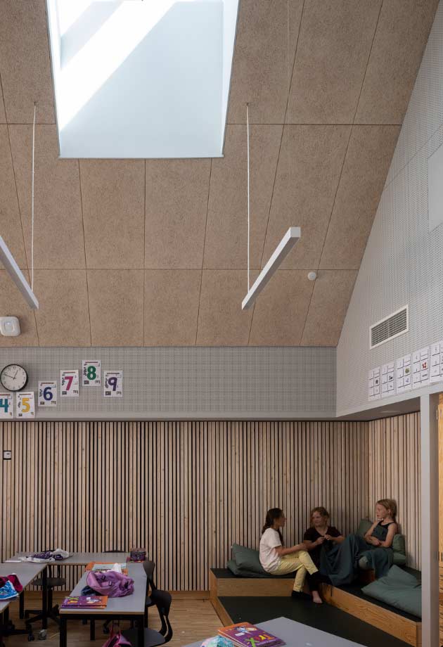 Children sitting in Copenhagen school under VELUX Modular Skylights- Northlight