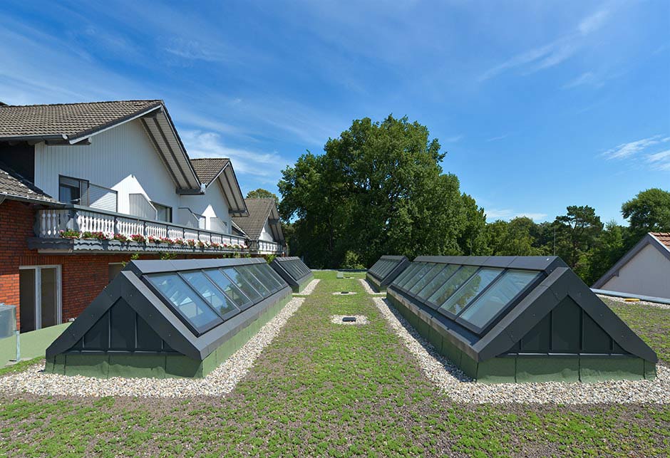 Roof view of VELUX Skylight solutions with Ridgelight modules 25°-40˚, Jammertal Hotel Resort complex, Germany