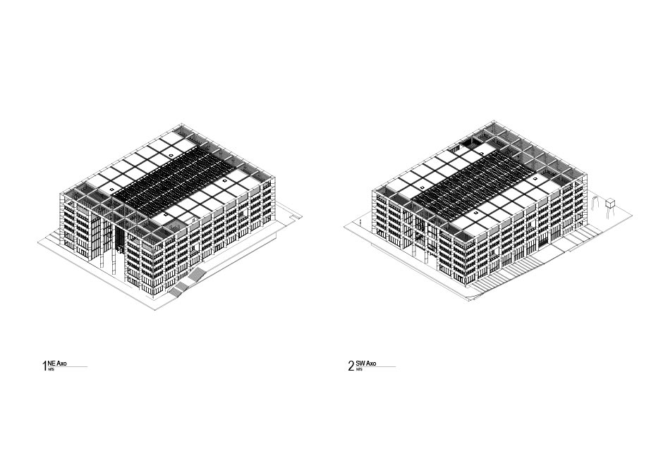 Arkitekturtegning af Belval Icône-bygningen med 700 ovenlysmoduler