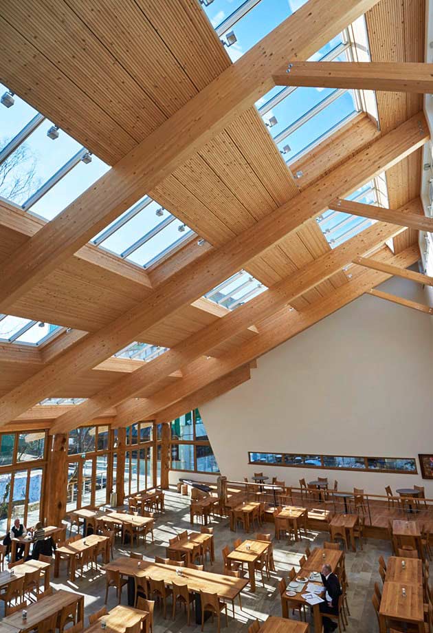 Przeszklenie dachu składające się z modułu pasmo świetlne 5–30°, wnętrze stołówki uniwersytetu Salus, Niemcy