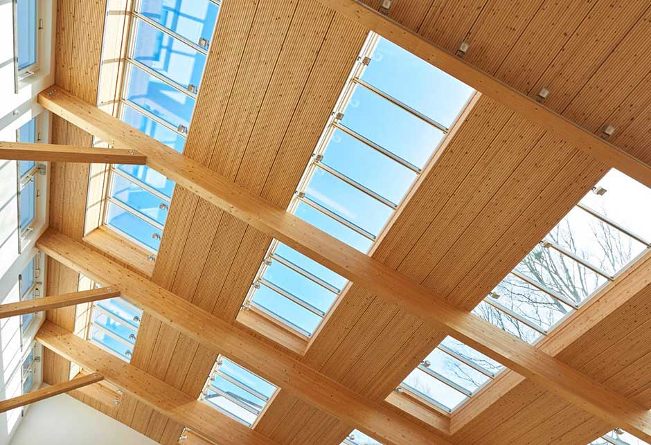 Rooflight solution with Longlight 5-30° modules, Salus canteen roofview, Germany