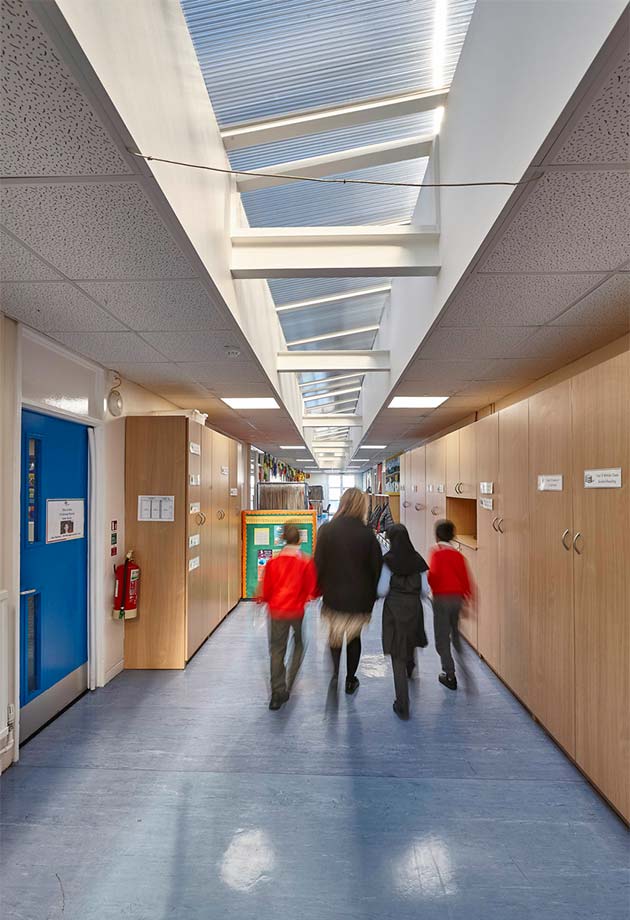 Corridor full of daylight at Thomas Buxton School