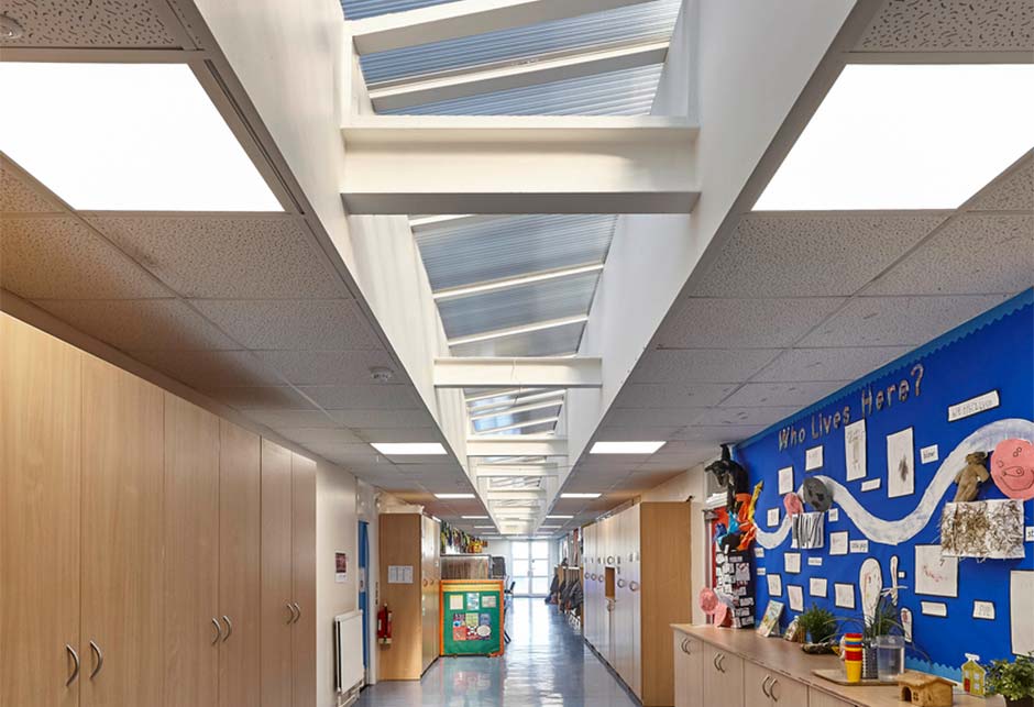 Corridor full of daylight at Thomas Buxton School