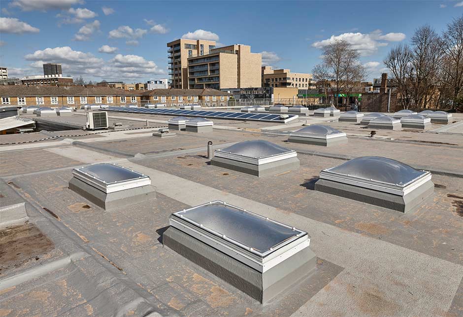 Dome rooflights on top of Thomas Buxton School