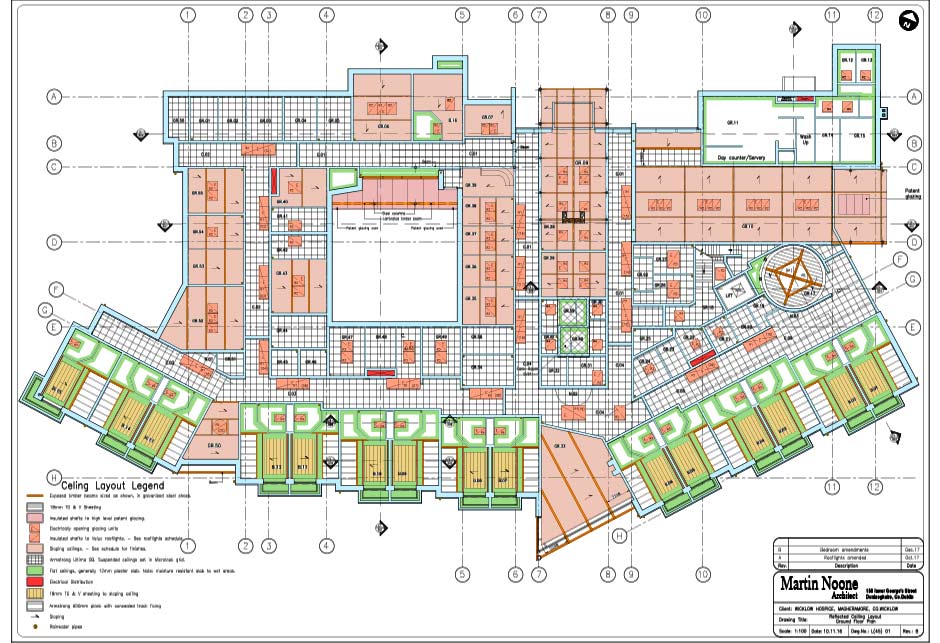 Rysunek architektoniczny: plan parteru, odbity plan sufitu — Hospicjum Wicklow